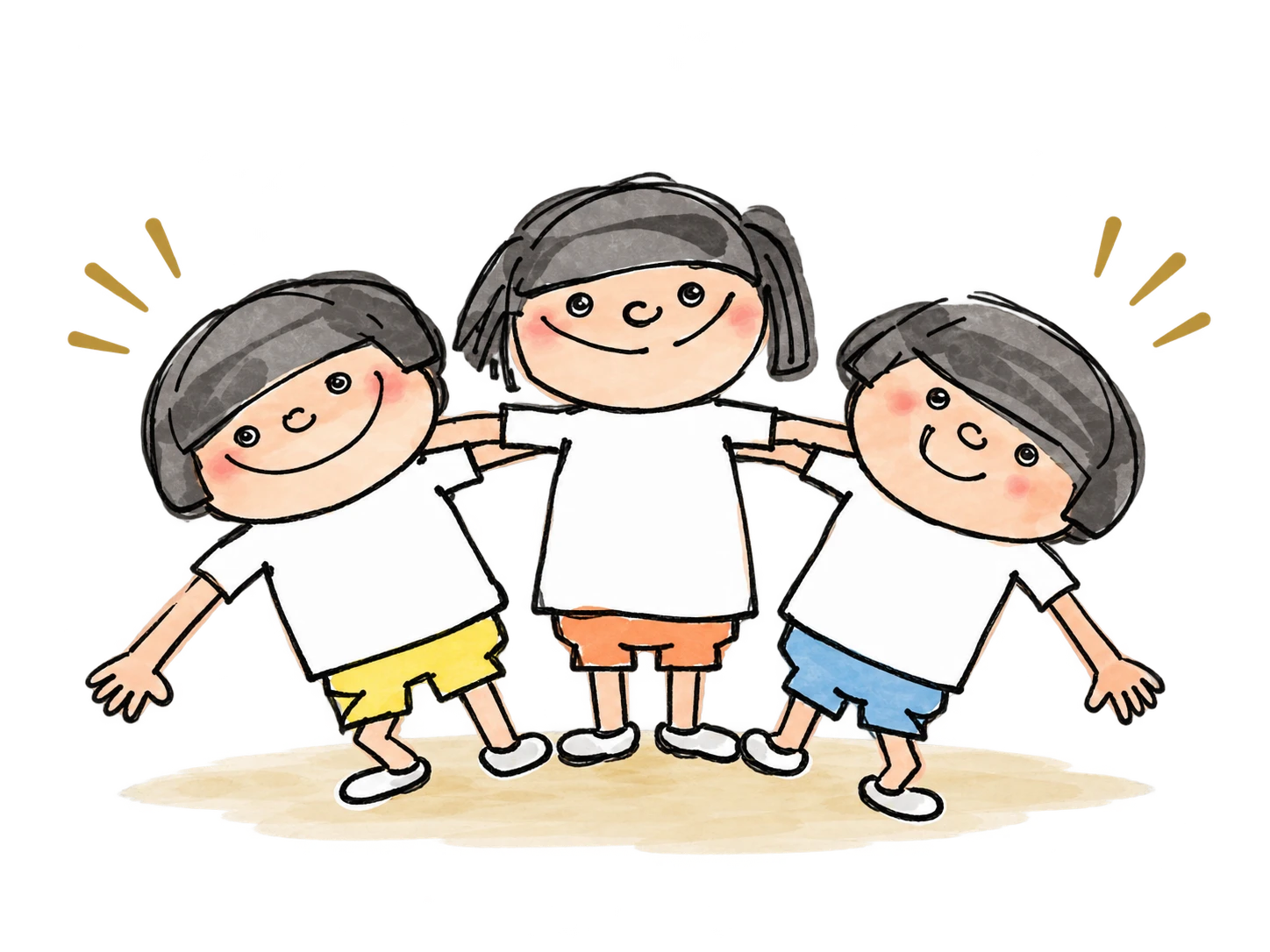 肩を組んで笑う3人の子どものイラスト
